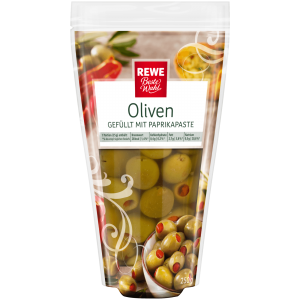 REWE Beste Wahl Grüne Oliven gefüllt mit Paprikapaste 125g