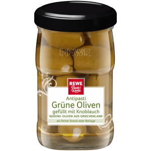 REWE Beste Wahl Antipasti Grüne Oliven gefüllt mit Knoblauch 280g