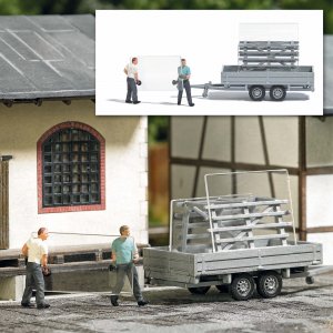 Busch Action Set: Fensterbauer mit Glastransportanhänger H0
